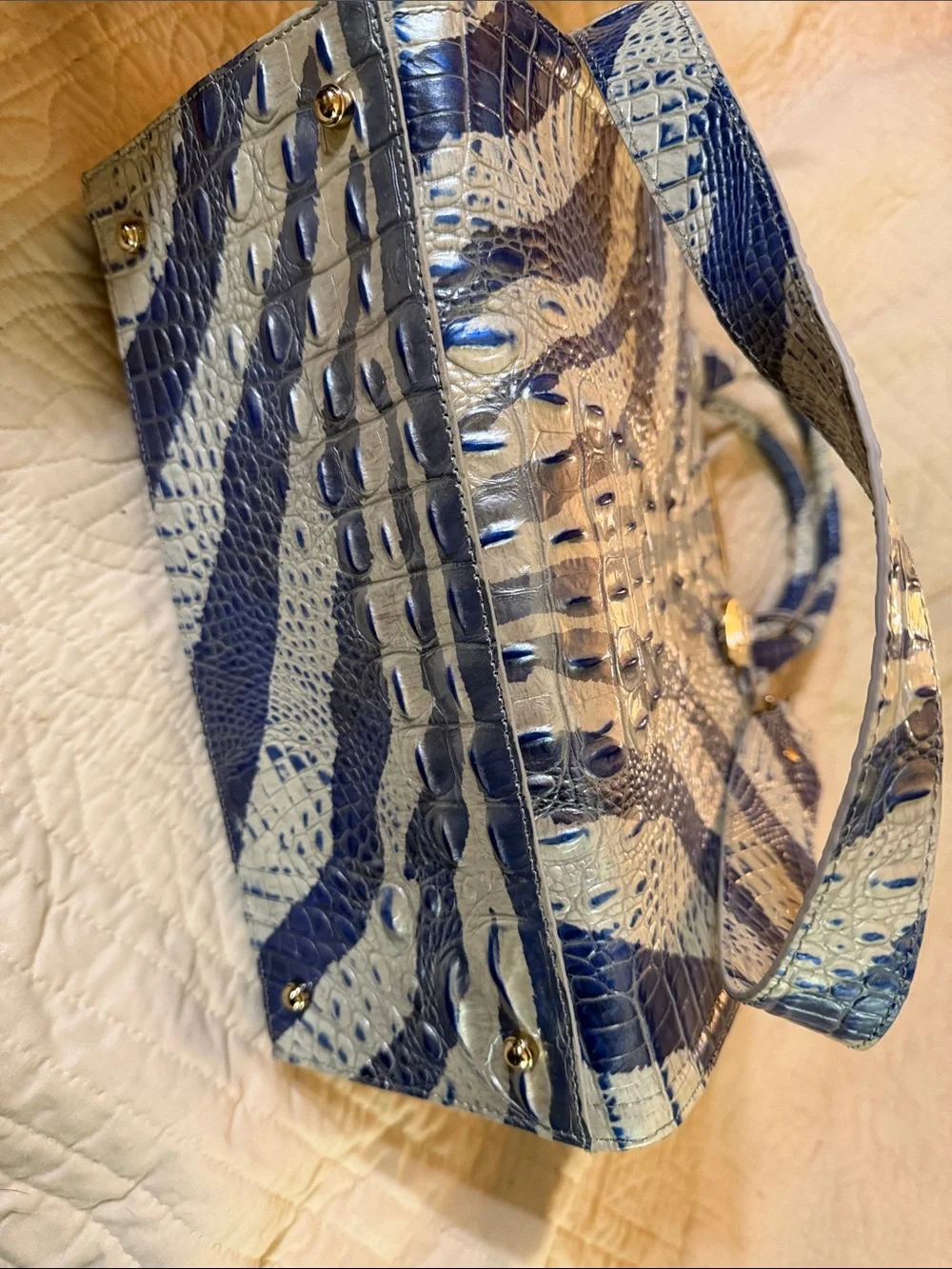 Brahmin Caroline Dazzle Melbourne Blue and White Croc-Embossed Satchel